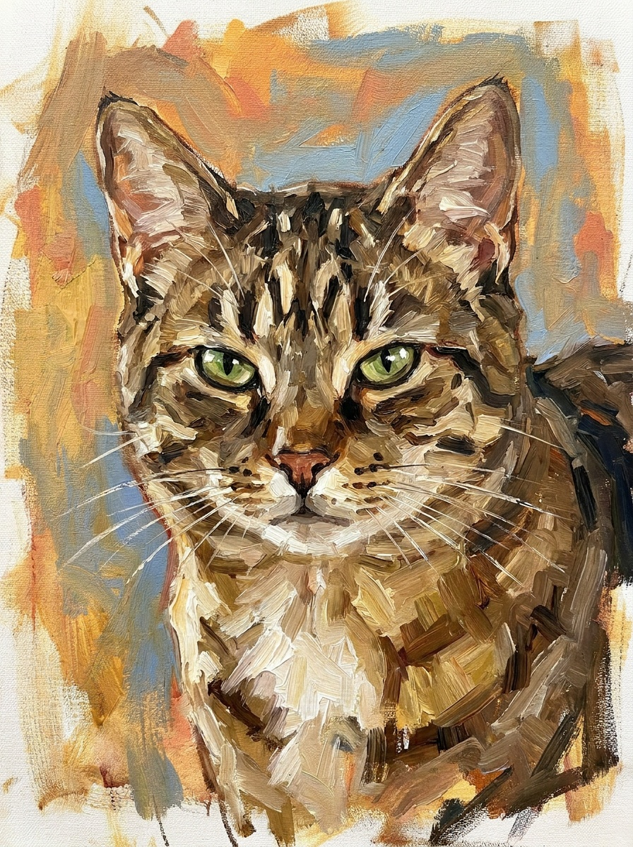 Painted digital portrait of a tabby cat with green eyes and expressive brushwork