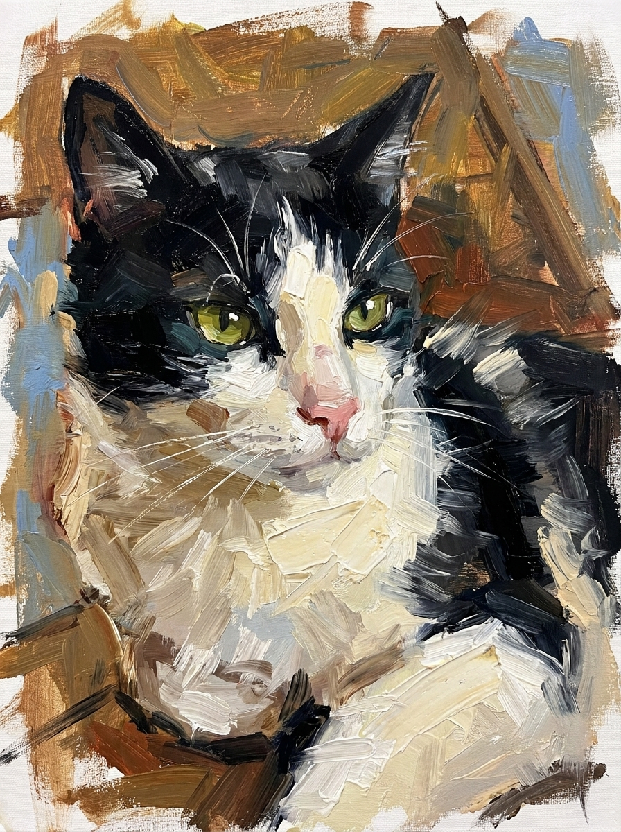 Painted digital portrait of a black and white cat with green eyes and bold impasto-style brushwork