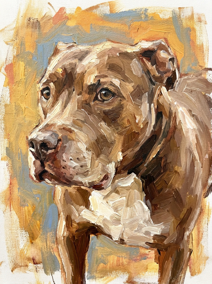 Painted digital portrait of a brown pit bull dog in profile with warm brushwork