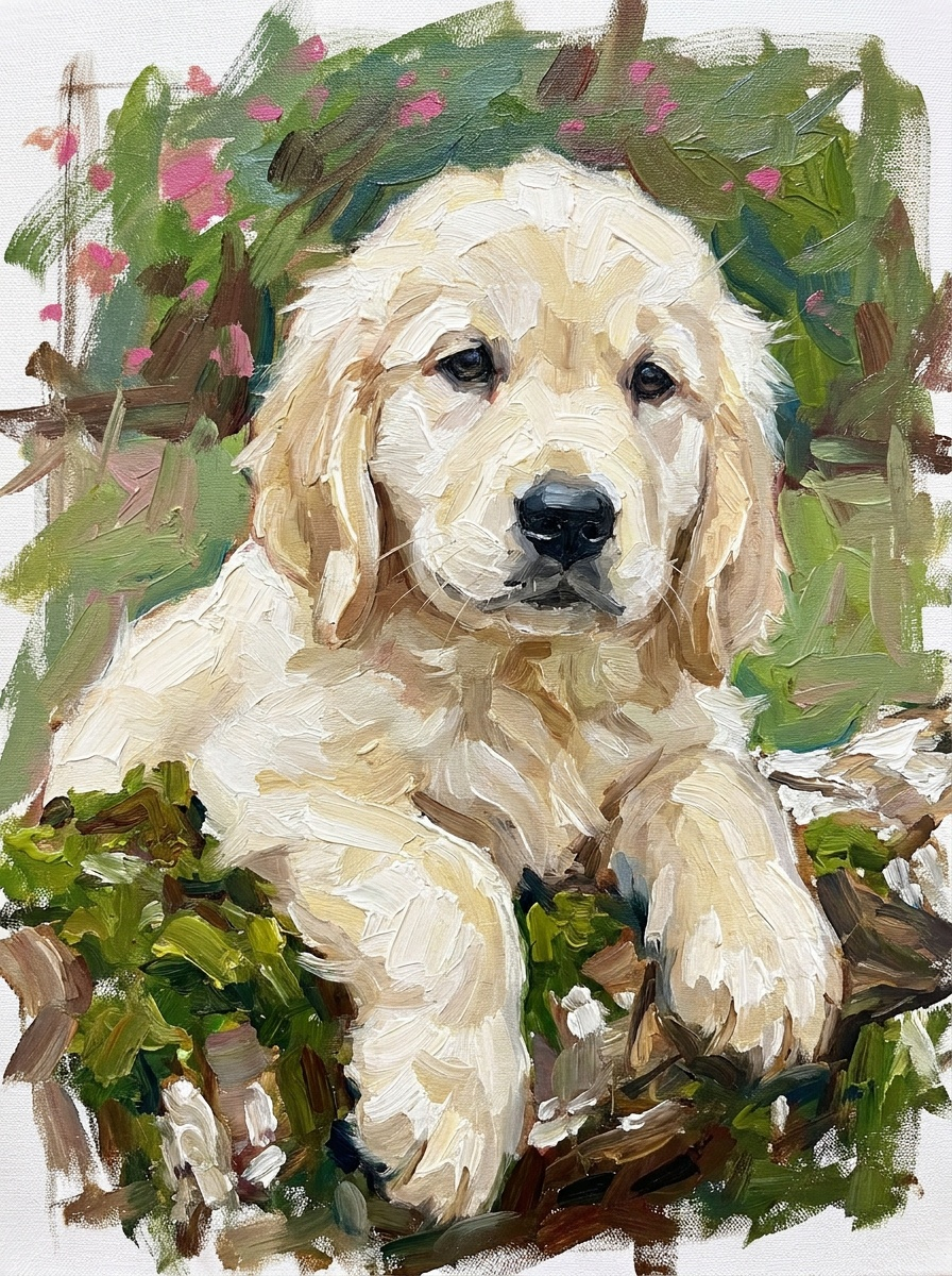 Painted digital portrait of a white golden retriever puppy surrounded by green foliage and pink flowers