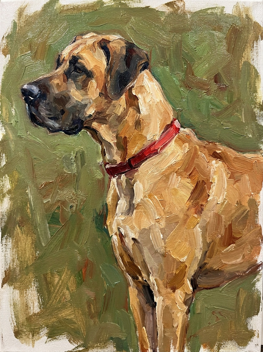Painted digital portrait of a tan Great Dane in profile with a red collar and green background