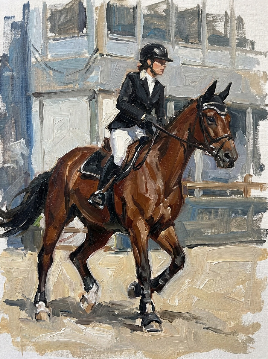 Painted digital portrait of a brown show horse with rider in textured arena brushwork