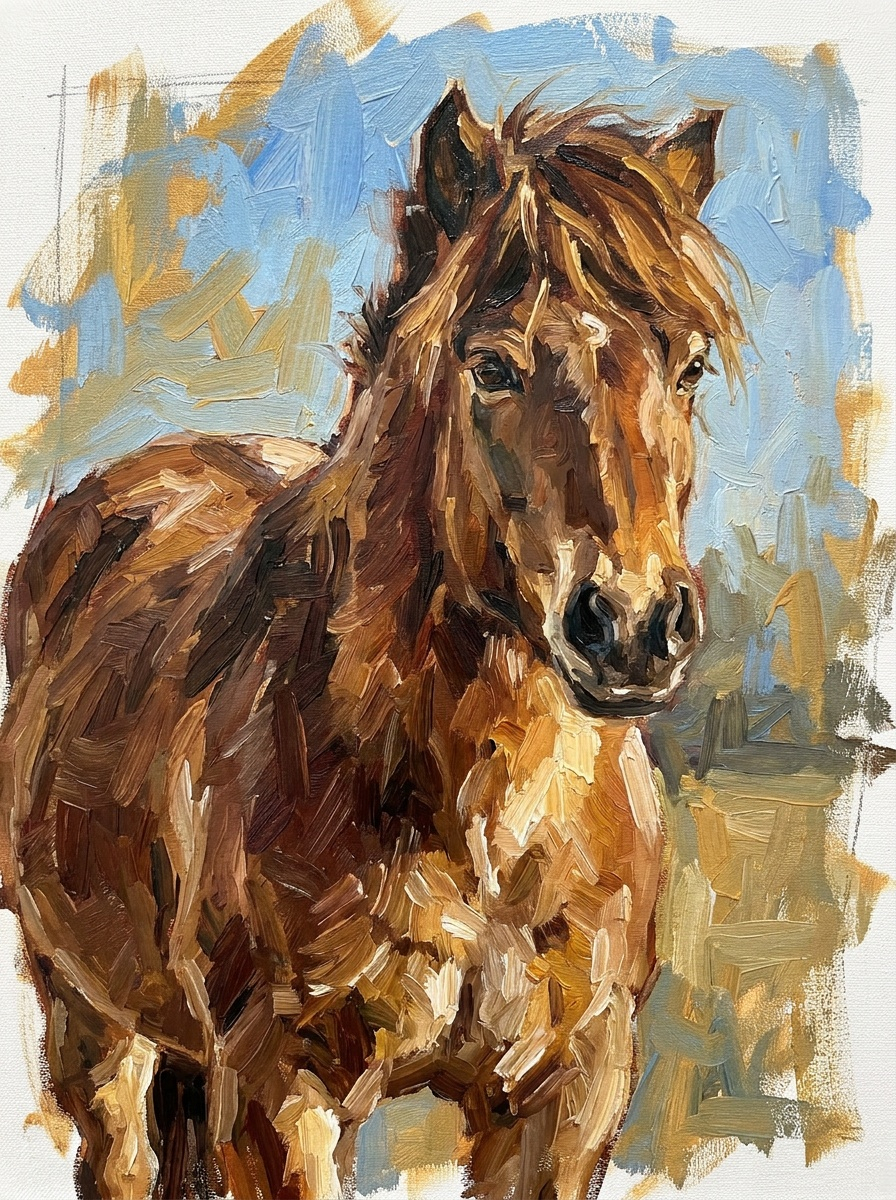 Painted digital portrait of a brown horse with golden highlights and blue sky brushwork